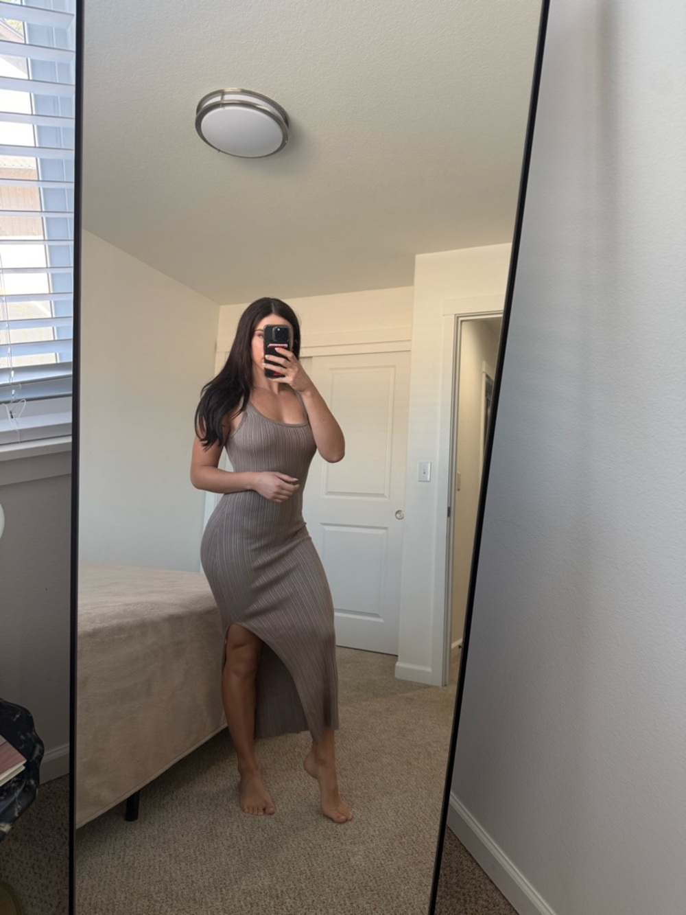 A&F Women’s Taupe Ribbed Scoop Neck Midi Dress